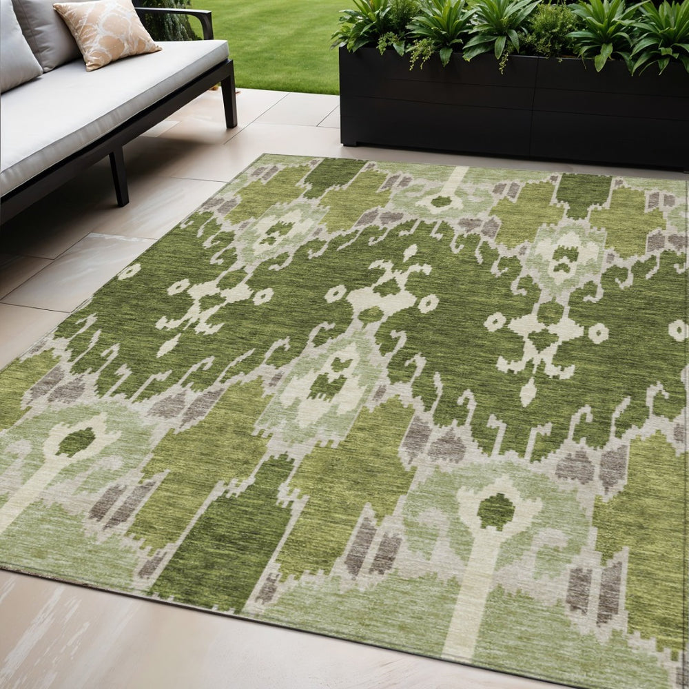 HomeRoots 5' Stylish Olive Green and Artichoke Ikat Area Rug for Indoor and Outdoor Living Spaces, Washable 5' X 8' 584717