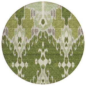 HomeRoots 5' Stylish Olive Green and Artichoke Ikat Area Rug for Indoor and Outdoor Living Spaces, Washable 8' Round 584718