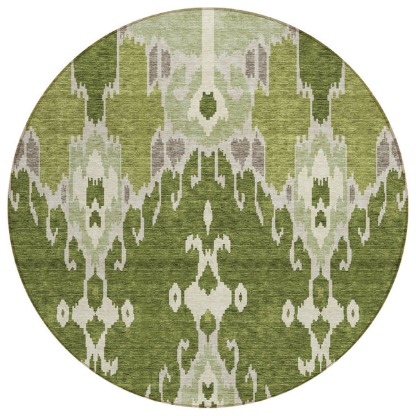 HomeRoots 5' Stylish Olive Green and Artichoke Ikat Area Rug for Indoor and Outdoor Living Spaces, Washable 8' Round 584718