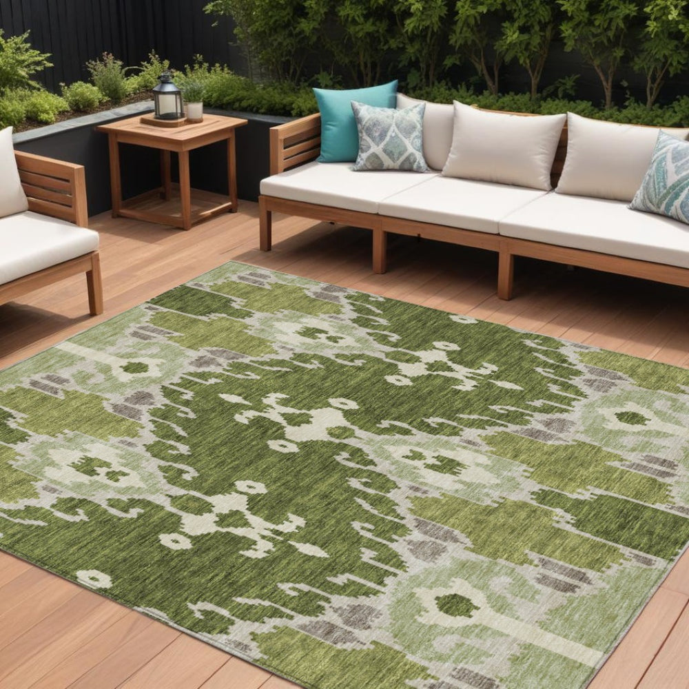 HomeRoots 9' Olive and Artichoke Green Ikat Area Rug - Durable, Washable, Stylish for Indoor and Outdoor Use 9' X 12' 584720