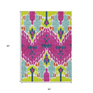 Homeroots 3' Creative Blush Pink And Ivory Ikat Washable Area Rug For Indoor Or Outdoor Spaces, Durable Design 5' X 8' Polyester 584723