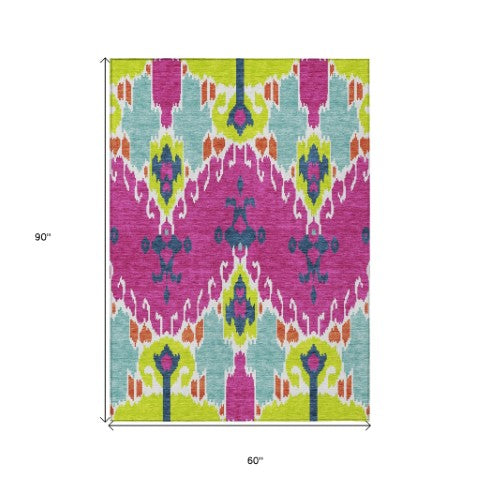 Homeroots 3' Creative Blush Pink And Ivory Ikat Washable Area Rug For Indoor Or Outdoor Spaces, Durable Design 5' X 8' Polyester 584723