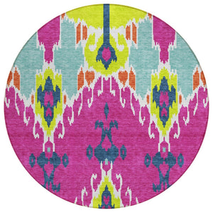 HomeRoots 5' Vibrant Ikat Indoor Outdoor Area Rug in Pink, Lime Green & Orange - Durable, Washable, Non-Slip Design 8' Round 584724