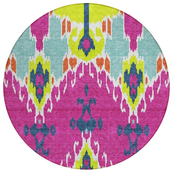 HomeRoots 5' Vibrant Ikat Indoor Outdoor Area Rug in Pink, Lime Green & Orange - Durable, Washable, Non-Slip Design 8' Round 584724