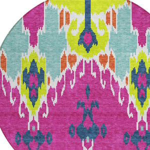 Homeroots 3' Creative Blush Pink And Ivory Ikat Washable Area Rug For Indoor Or Outdoor Spaces, Durable Design 8' Round Polyester 584724