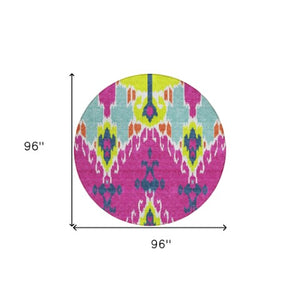 Homeroots 3' Creative Blush Pink And Ivory Ikat Washable Area Rug For Indoor Or Outdoor Spaces, Durable Design 8' Round Polyester 584724