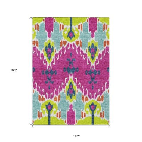 Homeroots 3' Creative Blush Pink And Ivory Ikat Washable Area Rug For Indoor Or Outdoor Spaces, Durable Design 10' X 14' Polyester 584727