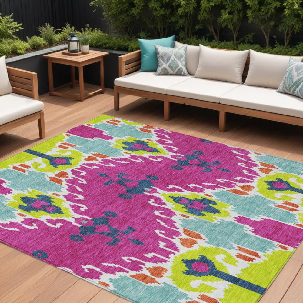 HomeRoots 5' Vibrant Ikat Indoor Outdoor Area Rug in Pink, Lime Green & Orange - Durable, Washable, Non-Slip Design 10' X 14' 584727