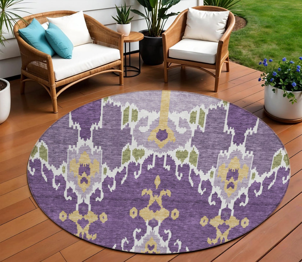 HomeRoots 5' Vibrant Purple Lavender and Gold Ikat Washable Area Rug for Stylish Indoor and Outdoor Spaces 8' Round 584730