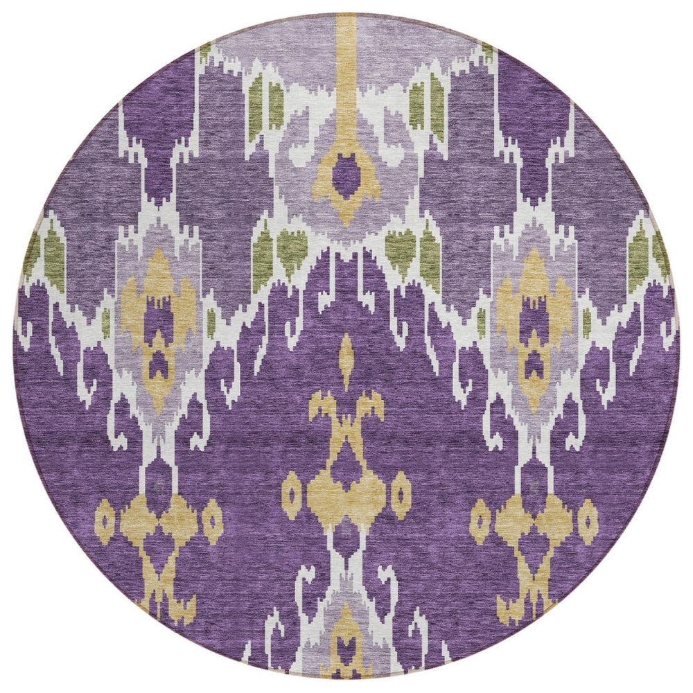 HomeRoots 5' Vibrant Purple Lavender and Gold Ikat Washable Area Rug for Stylish Indoor and Outdoor Spaces 8' Round 584730