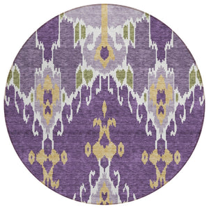 HomeRoots 5' Vibrant Purple Lavender and Gold Ikat Washable Area Rug for Stylish Indoor and Outdoor Spaces 8' Round 584730