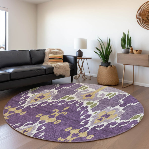 Homeroots 3' Creative Blush Pink And Ivory Ikat Washable Area Rug For Indoor Or Outdoor Spaces, Durable Design 8' Round Polyester 584730