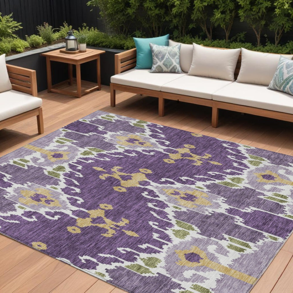 HomeRoots 9' Bold Purple Lavender and Gold Ikat Washable Area Rug for Indoor & Outdoor Spaces, Durable Design 9' X 12' 584732