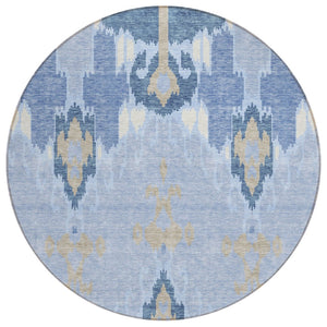 HomeRoots 5' Indoor Outdoor Area Rug in Sky Blue, Denim Blue & Ivory Ikat - Durable, Washable & Stylish! 8' Round 584736