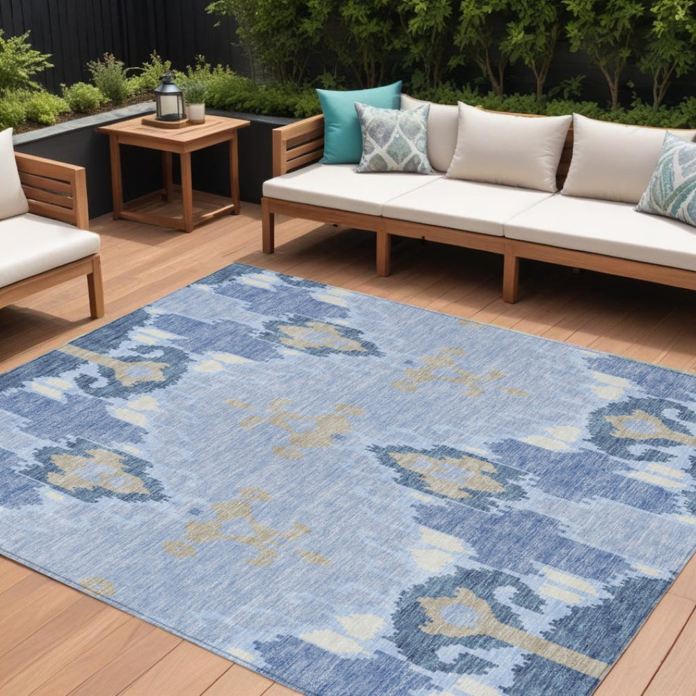 HomeRoots 9' Sky Blue Ikat Area Rug - Stylish, Durable, Washable Design for Indoor and Outdoor Spaces 9' X 12' 584738