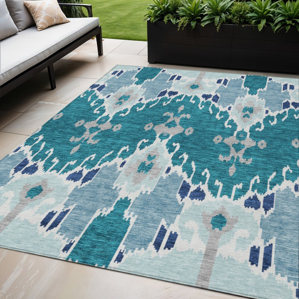 HomeRoots 5' Ikat Area Rug in Teal, Navy & Gray - Durable, Washable Design for Indoor & Outdoor Spaces 5' X 8' 584741