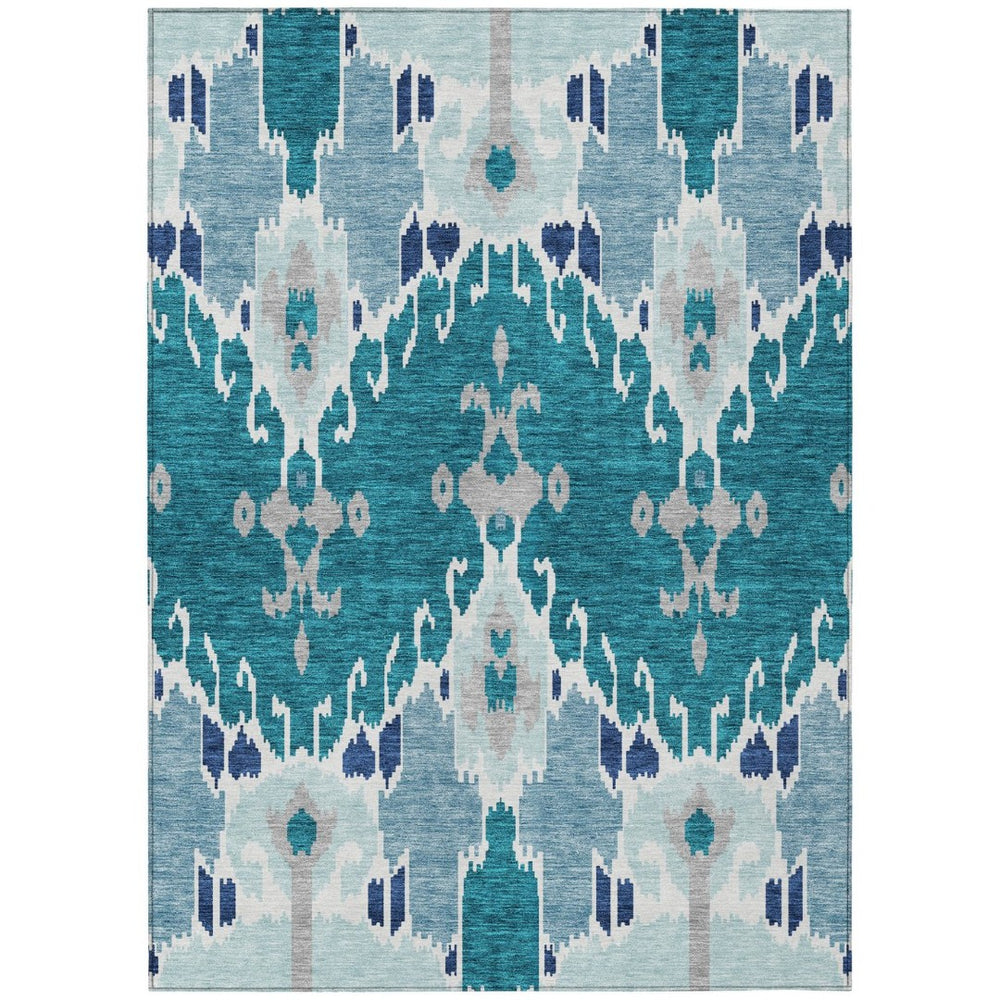 HomeRoots 5' Ikat Area Rug in Teal, Navy & Gray - Durable, Washable Design for Indoor & Outdoor Spaces 5' X 8' 584741