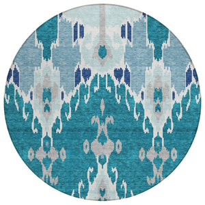 HomeRoots 5' Ikat Area Rug in Teal, Navy & Gray - Durable, Washable Design for Indoor & Outdoor Spaces 8' Round 584742