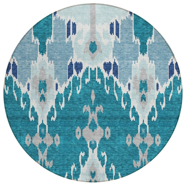 HomeRoots 5' Ikat Area Rug in Teal, Navy & Gray - Durable, Washable Design for Indoor & Outdoor Spaces 8' Round 584742