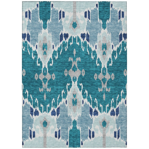 HomeRoots 9' Vibrant Ikat Area Rug in Teal, Navy, and Gray - Stylish Washable Design for Indoor & Outdoor Use 9' X 12' 584744