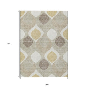 Homeroots 3' Beige Taupe And Ivory Ogee Washable Area Rug - Perfect For Indoor And Outdoor Spaces! 9' X 12' Polyester 584750