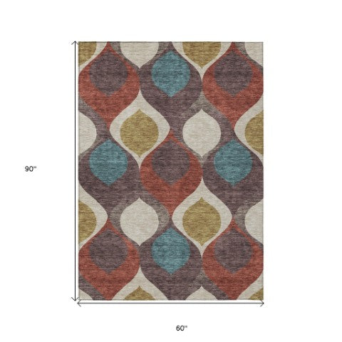 Homeroots 3' Beige Taupe And Ivory Ogee Washable Area Rug - Perfect For Indoor And Outdoor Spaces! 5' X 8' Polyester 584759