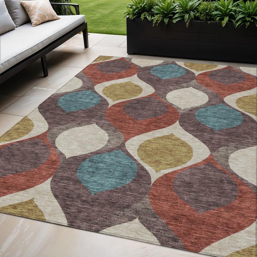 HomeRoots 5' Ogee Design Indoor/Outdoor Area Rug in Brown, Taupe & Teal – Durable, Machine Washable & Stylish 5' X 8' 584759