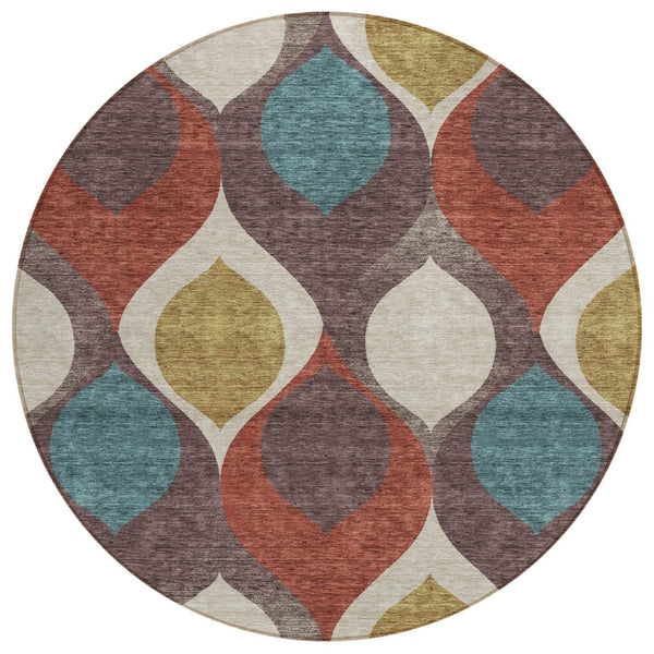 HomeRoots 5' Ogee Design Indoor/Outdoor Area Rug in Brown, Taupe & Teal – Durable, Machine Washable & Stylish 8' Round 584760
