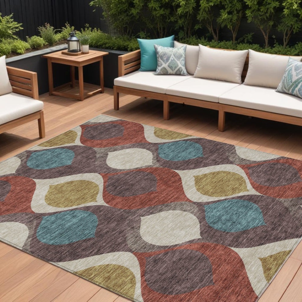HomeRoots 9' Brown Taupe and Teal Blue Ogee Area Rug – Durable, Washable Design for Indoor and Outdoor Use 9' X 12' 584762