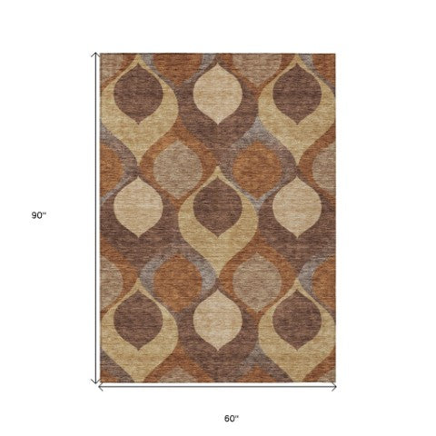 Homeroots 3' Beige Taupe And Ivory Ogee Washable Area Rug - Perfect For Indoor And Outdoor Spaces! 5' X 8' Polyester 584765