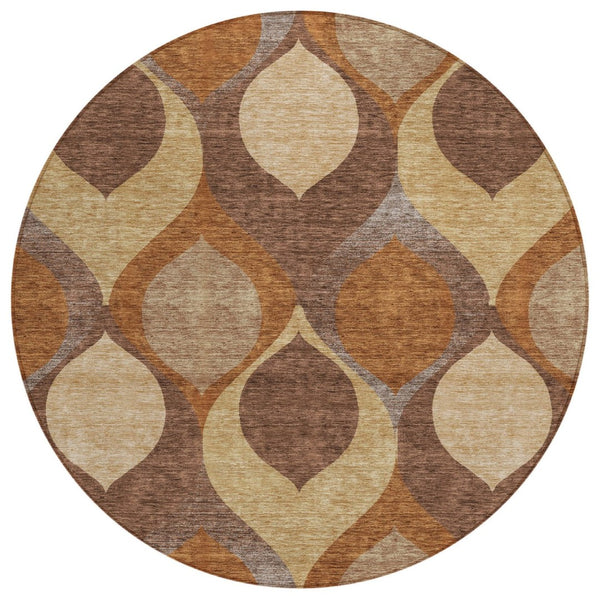 HomeRoots 5' Copper Beige and Taupe Ogee Rug - Washable, Durable Design for Indoor and Outdoor Spaces 8' Round 584766