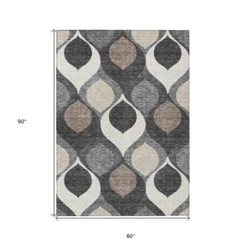 Homeroots 3' Beige Taupe And Ivory Ogee Washable Area Rug - Perfect For Indoor And Outdoor Spaces! 5' X 8' Polyester 584771