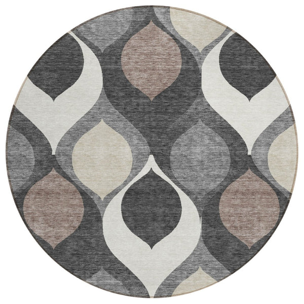 HomeRoots 5' Stylish Gray Beige Taupe Ogee Area Rug - Washable, Durable, Indoor/Outdoor, Kid & Pet Friendly 8' Round 584772