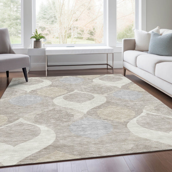 Homeroots 3' Beige Taupe And Ivory Ogee Washable Area Rug - Perfect For Indoor And Outdoor Spaces! 5' X 8' Polyester 584777