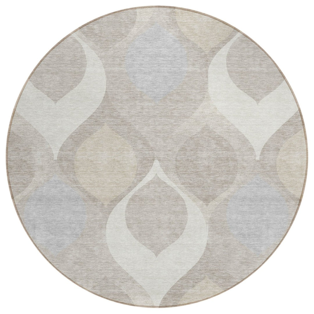 HomeRoots 5' Timeless Ivory Beige Ogee Area Rug – Durable, Washable, Stylish for Indoor & Outdoor Use 8' Round 584778