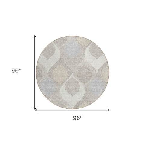 Homeroots 3' Beige Taupe And Ivory Ogee Washable Area Rug - Perfect For Indoor And Outdoor Spaces! 8' Round Polyester 584778