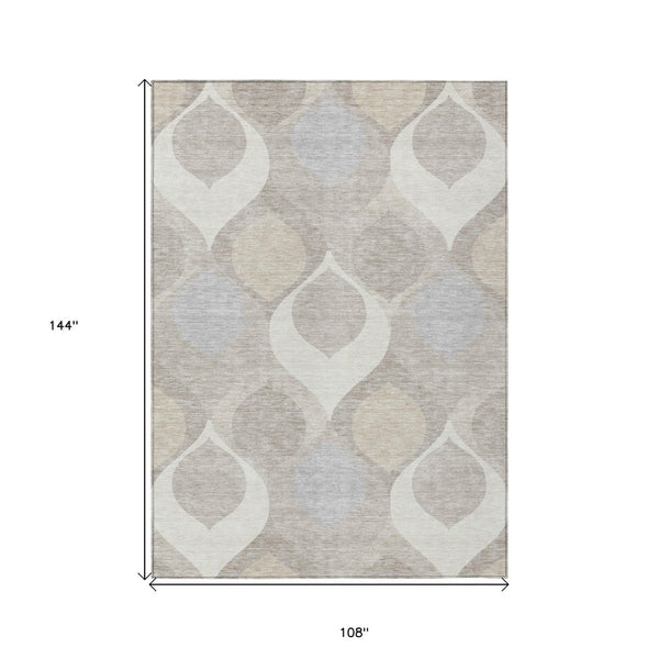 Homeroots 3' Beige Taupe And Ivory Ogee Washable Area Rug - Perfect For Indoor And Outdoor Spaces! 9' X 12' Polyester 584780