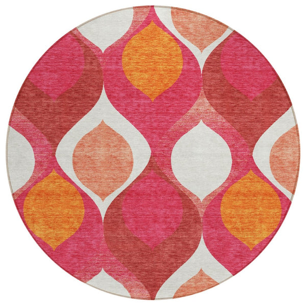HomeRoots 5' Stylish Pink Mauve and Orange Ogee Washable Area Rug for Indoor and Outdoor Spaces, Durable Design 8' Round 584796