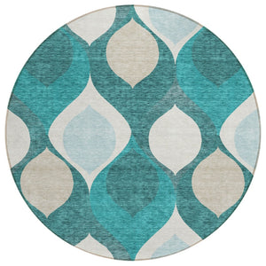 HomeRoots 5' Coastal-Inspired Teal Blue Ogee Area Rug for Indoor & Outdoor Use - Durable, Washable, Stylish Design 8' Round 584802