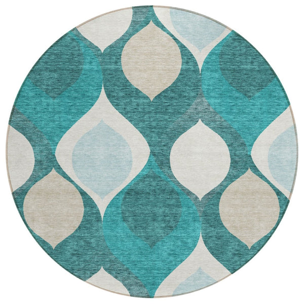HomeRoots 5' Coastal-Inspired Teal Blue Ogee Area Rug for Indoor & Outdoor Use - Durable, Washable, Stylish Design 8' Round 584802