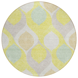 HomeRoots 5' Stylish Ogee Area Rug in Yellow, Mint Green & Beige – Durable, Washable for Indoor & Outdoor Use 8' Round 584814