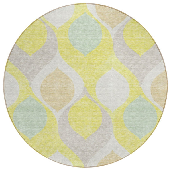 HomeRoots 5' Stylish Ogee Area Rug in Yellow, Mint Green & Beige – Durable, Washable for Indoor & Outdoor Use 8' Round 584814
