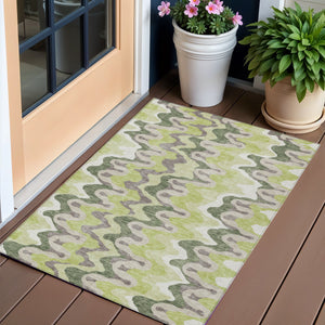 Homeroots 3' Artichoke Green And Ivory Abstract Washable Area Rug For Indoor And Outdoor Spaces, Durable Design 3' X 5' Polyester 584818