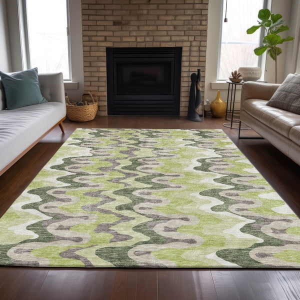 Homeroots 3' Artichoke Green And Ivory Abstract Washable Area Rug For Indoor And Outdoor Spaces, Durable Design 3' X 5' Polyester 584818