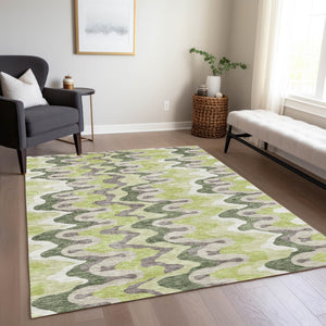 Homeroots 3' Artichoke Green And Ivory Abstract Washable Area Rug For Indoor And Outdoor Spaces, Durable Design 3' X 5' Polyester 584818