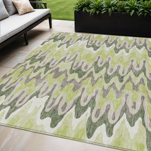Homeroots 3' Artichoke Green And Ivory Abstract Washable Area Rug For Indoor And Outdoor Spaces, Durable Design 5' X 8' Polyester 584819