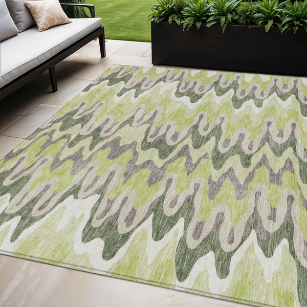 Homeroots 3' Artichoke Green And Ivory Abstract Washable Area Rug For Indoor And Outdoor Spaces, Durable Design 5' X 8' Polyester 584819