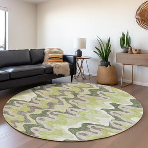 Homeroots 3' Artichoke Green And Ivory Abstract Washable Area Rug For Indoor And Outdoor Spaces, Durable Design 8' Round Polyester 584820