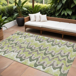 Homeroots 3' Artichoke Green And Ivory Abstract Washable Area Rug For Indoor And Outdoor Spaces, Durable Design 10' X 14' Polyester 584823