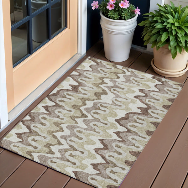Homeroots 3' Artichoke Green And Ivory Abstract Washable Area Rug For Indoor And Outdoor Spaces, Durable Design 3' X 5' Polyester 584824